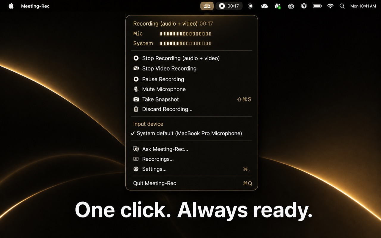 Meeting-Rec running in the macOS menu bar with quick recording controls.