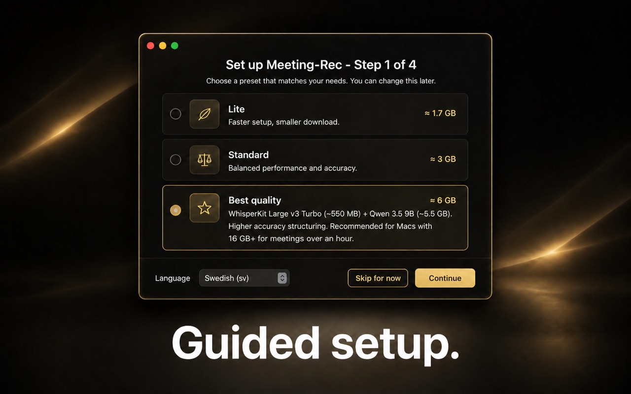 Guided setup — pick a transcription model preset matched to your Mac