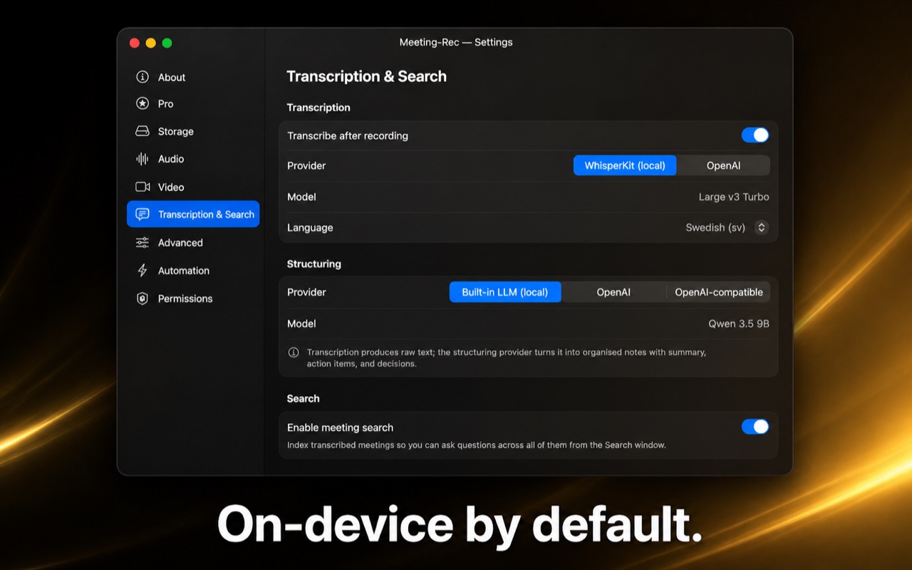 On-device transcription and AI structuring settings — no cloud required