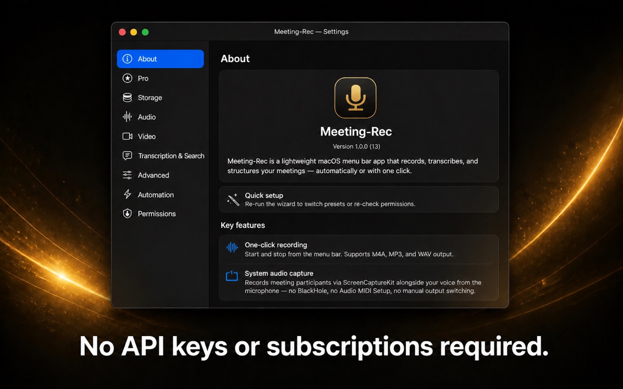 No API keys or subscriptions required — everything runs on-device