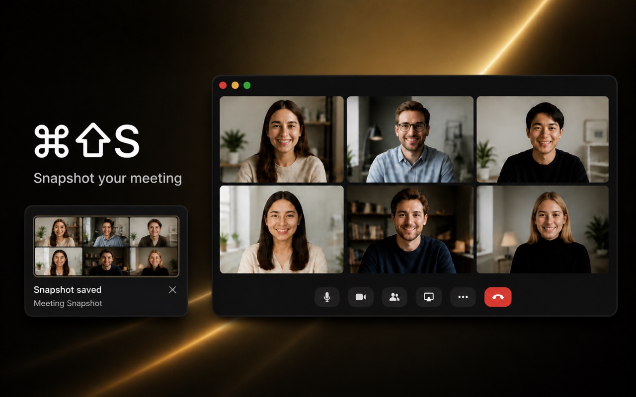 Pressing Command-Shift-S during a meeting saves a snapshot — confirmation toast showing 'Meeting Snapshot saved'.
