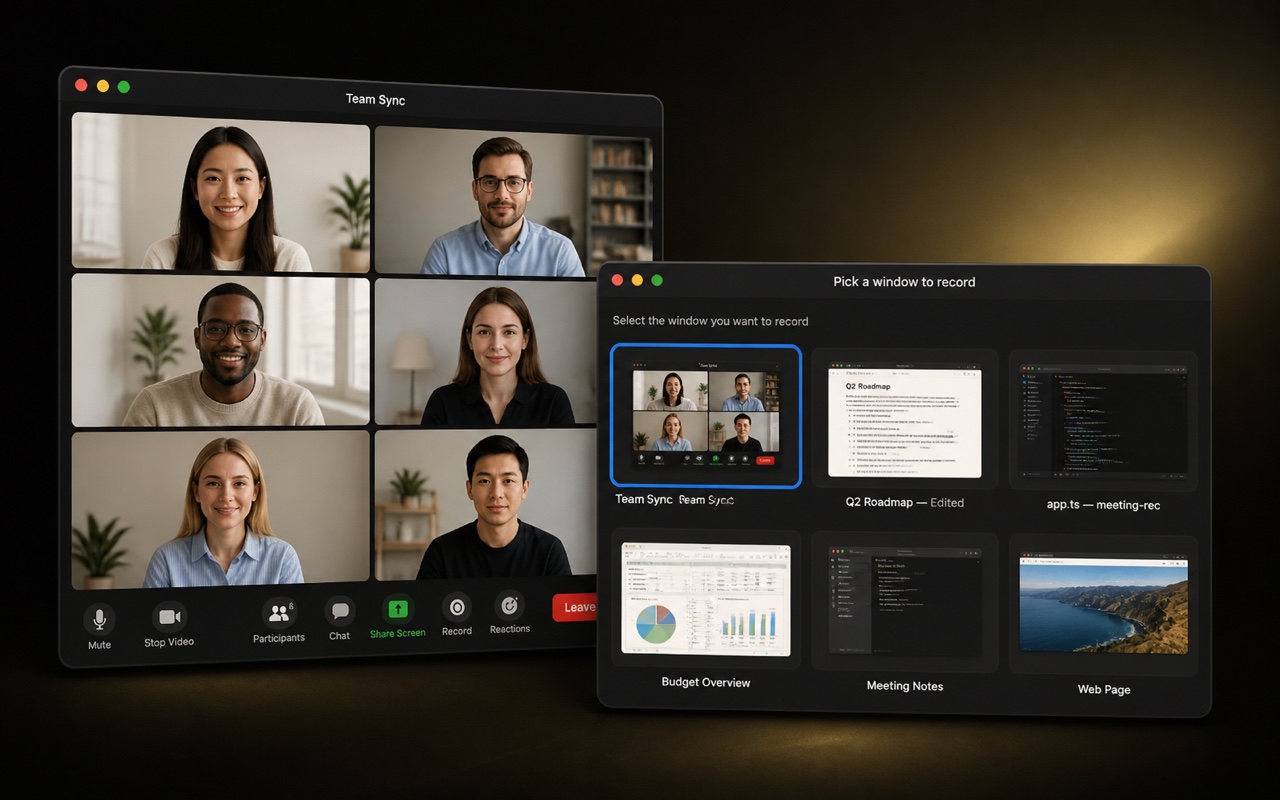 Meeting-Rec capturing a video meeting — pick a window to record, with the call grid alongside.
